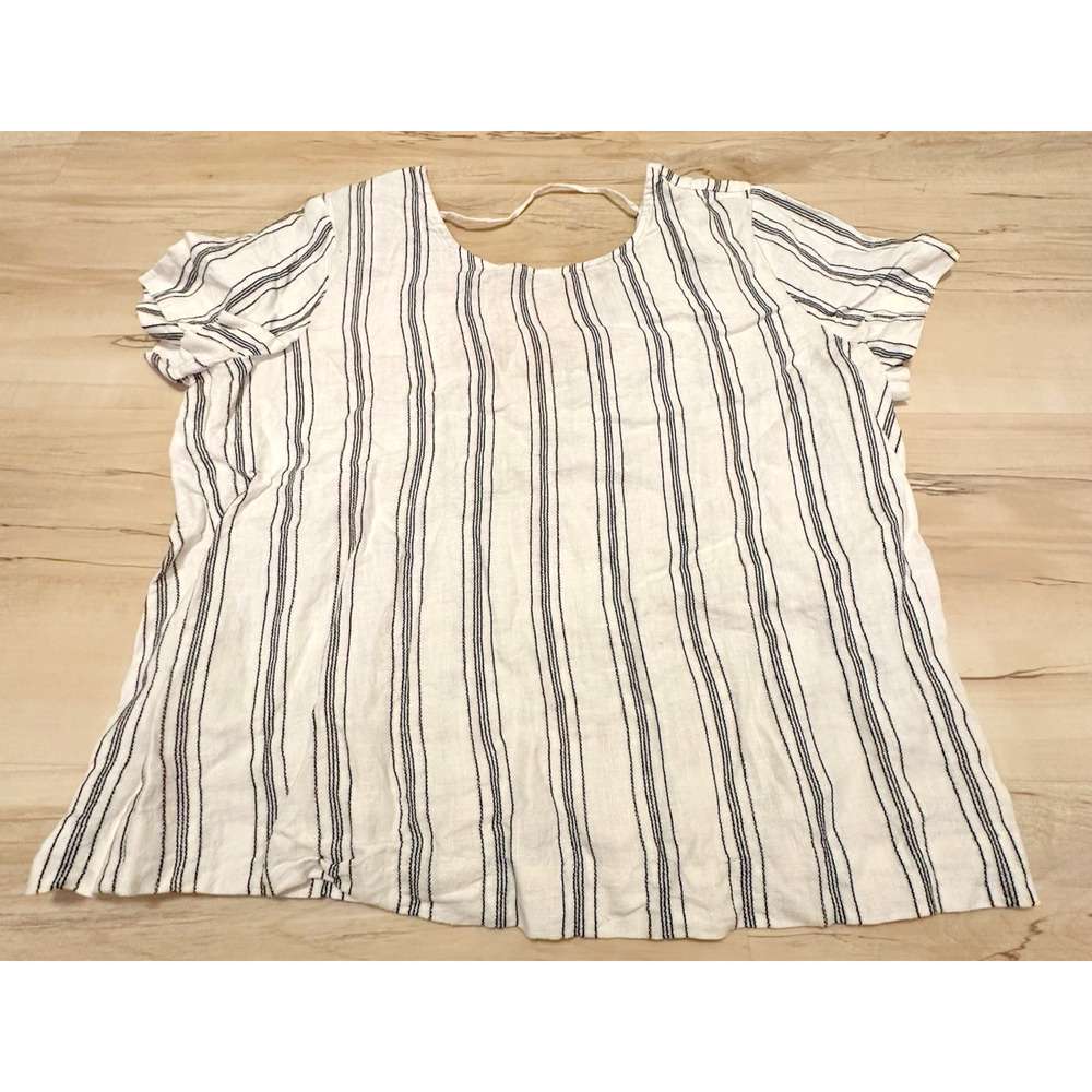 & Other Stories Linen Blend Striped Open Back Blouse White Navy US 8 0632918 7